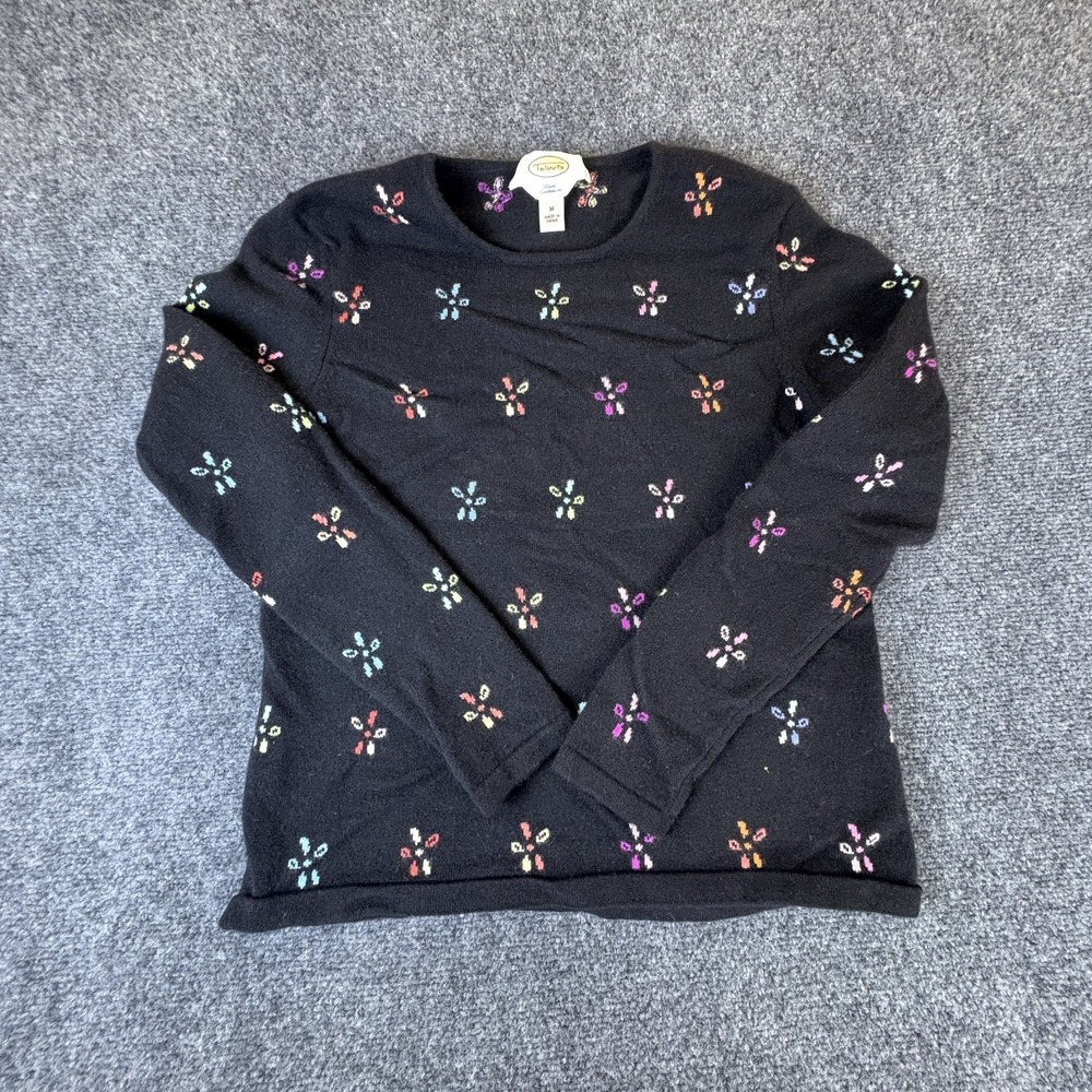 Talbots Pure Cashmere Sweater Women's M Black Floral Print Round Neck Pullover